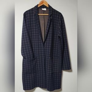 Harlyn Anthrpologie Navy Tan Plaid Long Blazer Coat L